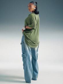 Denimoi Áo thun tay ngắn cổ bẻ rộng quá khổ - xanh quân đội - Xem 5