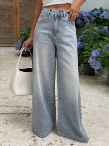 DAZY Quần Jeans Ống Rộng Trang Trí Đính Đá Pha Lê Thời Trang Thường Ngày Cho Nữ - Rửa nhẹ - Xem 7