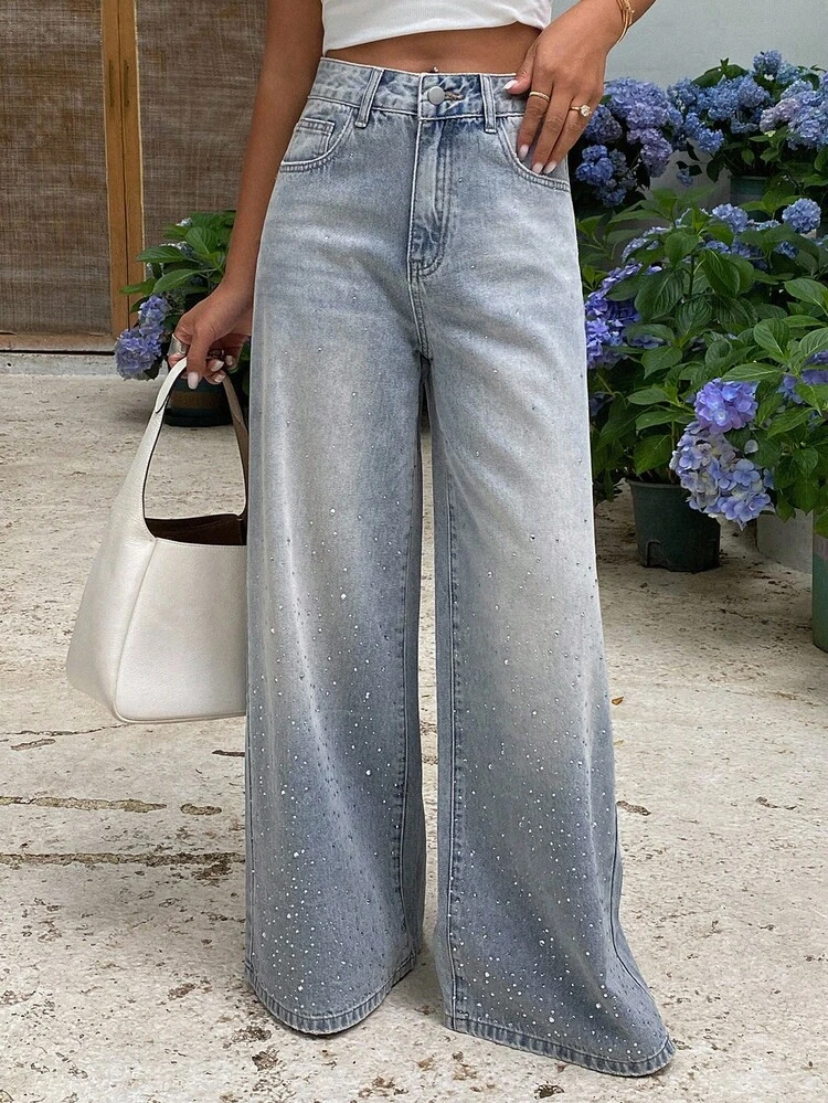 Women's Casual Fashion Washed Rhinestone Decorated Wide Leg Jeans
