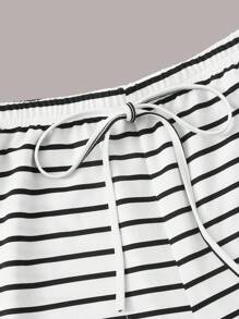 SHEIN EZwear Striped Crop Cami Top & Tie Waist Shorts Set - Black and White - View 4