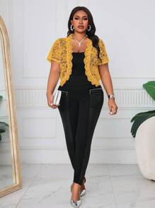 SHEIN Lady Plus Size Solid Color Short Sleeve Lace Jacket, Valentine's Day Gifts, Summer Festival Fall Winter Autumn