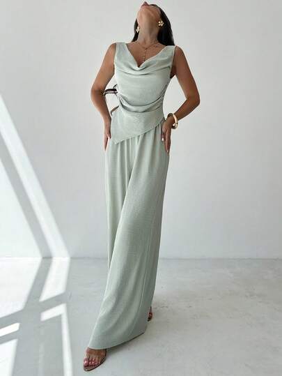 Firerie Dam Minimalistisk Elegant Daglig Pendling Casual Urban Mode Mångsidig Grön Texturerad Ärmlös Asymmetrisk Axel Lös Blus Och Vida Byxor Set, Sommaroutfit