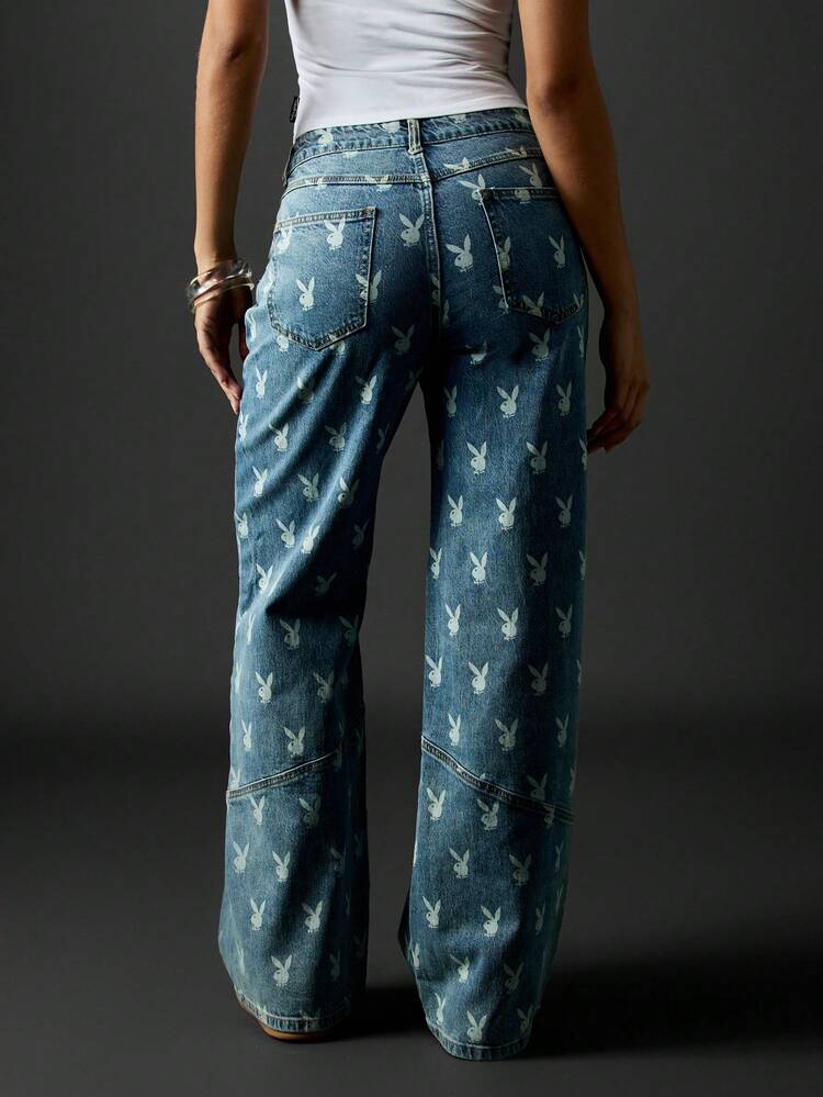 Missguided x Playboy High Rise Wide Leg Denim Jeans With Bunny Print