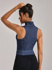 Flexra Women's Stand Collar Zip Front Fitted Denim Vest Jacket - Dark Wash - View 2