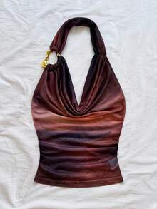 Soleia 女士性感复古渐变印花网眼打结吊带背心，修身剪裁，适合度假、约会、下午茶、海滩、游轮、城市旅行、海岛度假、音乐节、波西米亚度假，可内外穿着 - 棕色 - 查看 4