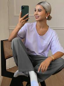 DAZY 2pcs Women Casual Loose Fit Letter Print Short Sleeve Top And Pants Set Pajama - Dusty Purple - View 3