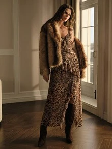 MOTF PREMIUM Cappotto oversize con collo scialle in pelliccia sintetica, spalle a caduta, autunno inverno - Caffè Marrone - Visualizzare 5