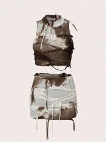 EgrlEra 女士时尚夏季酷炫风格音乐节破洞设计上衣和裙子两件套 Y2K 服装