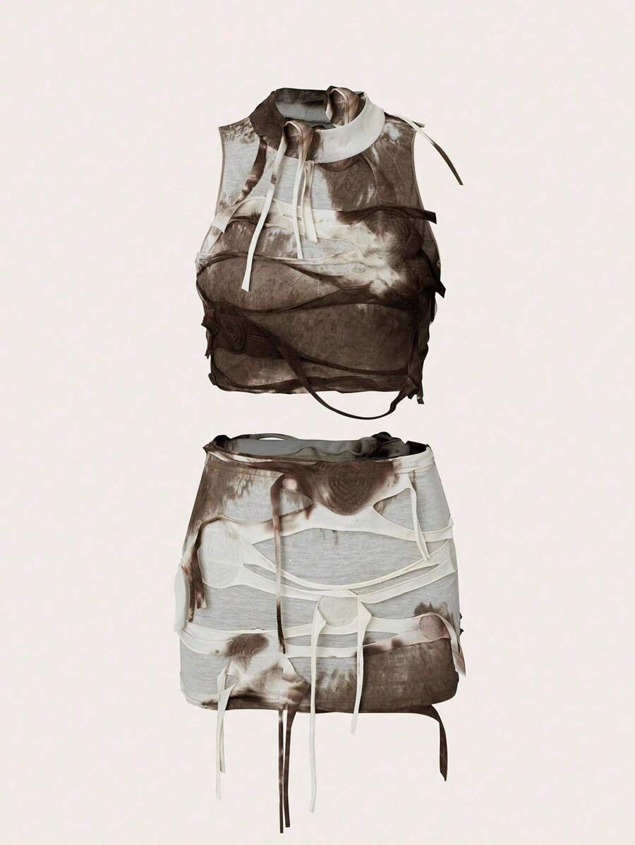 EgrlEra 女士时尚夏季酷炫风格音乐节破洞设计上衣和裙子两件套 Y2K 服装