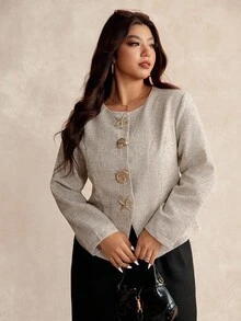 Elaquor 大码女式休闲时尚金属纽扣夹克 - 卡其色 - 查看 5