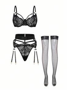 Floral Lace Underwire Garter Lingerie Set With 1pair Stocking, Baddie Look - Black - View 1