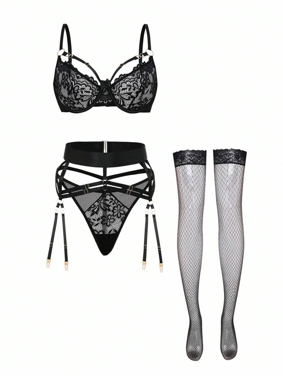 Floral Lace Underwire Garter Lingerie Set With 1pair Stocking, Baddie Look - Black - View 1
