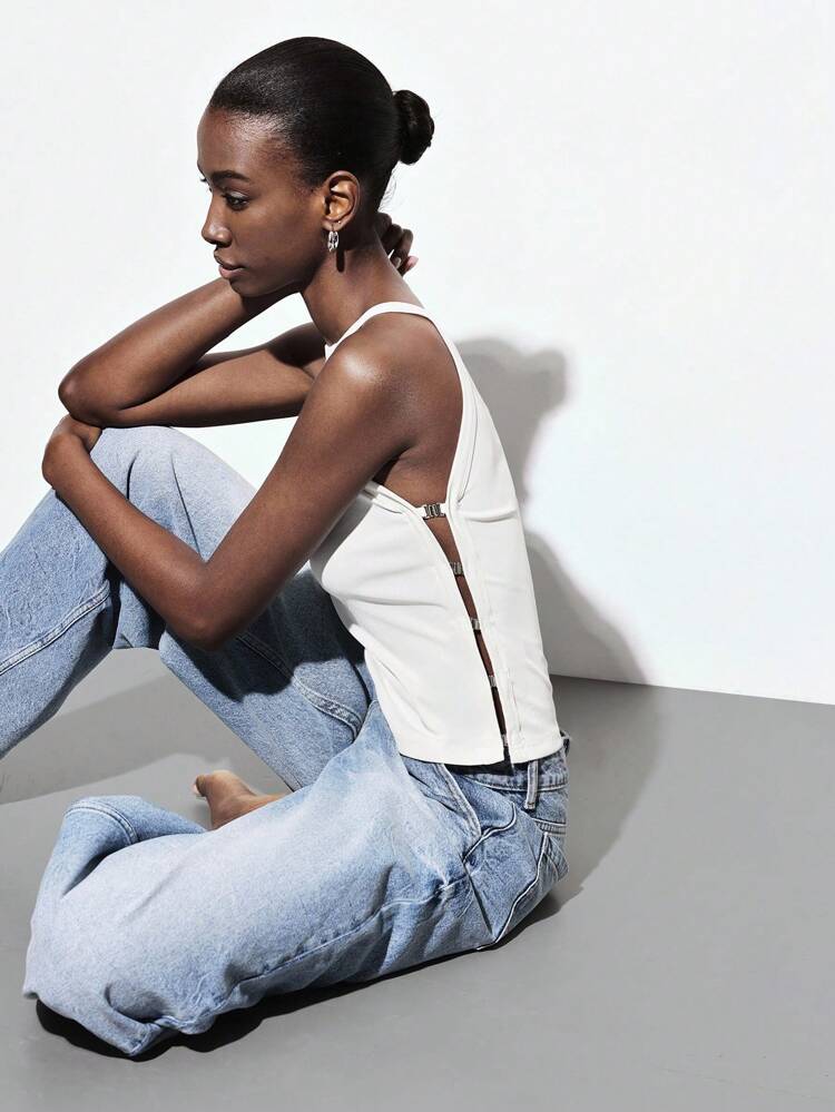 SHEIN Maija Women's White Side Slit Hook-Loop Spring Urban Casual Chic Versatile Soft And Comfortable Bodycon Hook Design Scoop Neck Sleeveless Tank Top Streetwear For Women Concert Women Vacation Woman Modest