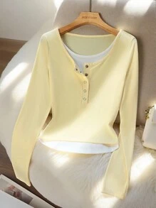 Franclia 女士优雅时尚简约百搭修身长袖二合一T恤，春秋季奶油黄休闲装，适合大学校园的春季服装，秋季女装