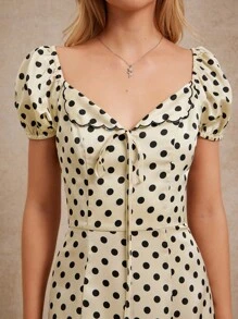 WESTFADE Polka Dot Sweetheart Neck Short Puff Sleeve Bow Tie Front Slit Hem Midi Dress Back To School Country Western Fall Outfits Vintage
