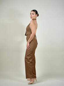 Andrea Bello Deep V Neck Sleeveless Backless Top And Wide Leg Pants 2 Pieces Set, Elegant Lady Style Suit For Office, Commuting, Street Wear, Slimming & Height Enhancing, Spring/Summer - Camel - View 6