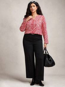 Zelara Blusa casual de talla grande para mujer con cuello en V, mangas raglán y patrón geométrico de bloques de color, blusas de trabajo de talla grande, blusas de trabajo para mujer de talla grande - Rojo y blanco - Ver 7