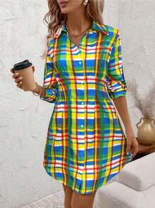 SHEIN Clasi Women's New Fashion Colorful Plaid Print Shirt Dress, Suitable For Commuting, Work, Outing, And Dating - Multicolor - View 3