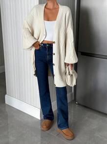 SHEIN Tall Tall Size Women Casual Plain Solid Color Long Sleeve Button Front Ribbed Loose Knit Cardigan Petite Everyday Home White Autumn - Beige - View 6