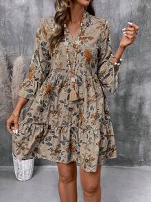 EMERY ROSE Women's Floral Print Cutout V-Neck Ruffled Hem Long Sleeve Mini Dress,Summer Dresses For Women Casual Dresses For Women Holiday Outfits Summer Holiday Outfits Ountry Concert Outfit  Country Dress For Women - Multicolor - View 5