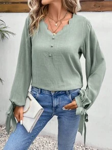 SHEIN Frenchy Bluse mit Bogenkante, Knoten, Laternenärmeln,