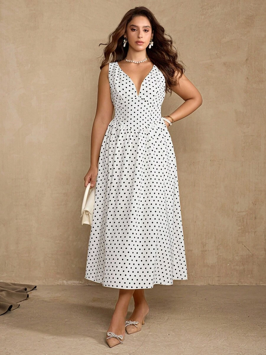 Flirla Polka Punkt Muster ärmelloses Lässig Kleid in Große Größen