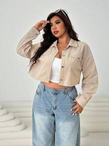 Solflare 大码女式纯色落肩长袖单排扣休闲夹克 - 卡其色 - 查看 4