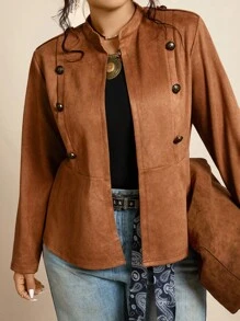 Freevana Plus Size Women's Solid Color Long Sleeve Double-Breasted Casual Jacket Fall Winter Business Casual Chic Suede Jacket - Mocha Brown - View 3