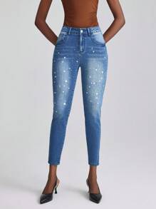 SHEIN Frenchy Women's Rhinestone Embellished Skinny Fit Denim Jeans - Blue - View 8