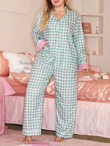 Bộ đồ ngủ kẻ caro gingham cài nút cỡ lớn kèm quần ngủ, trang phục mùa thu - màu xanh lá - Xem 3