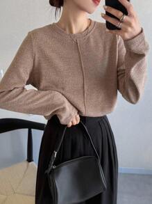 FRIFUL Women's Solid Khaki Round Neck Long Sleeve Loose Casual Versatile T-Shirt, Autumn