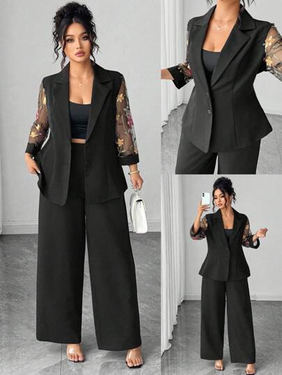 Elenzga Traje formal de talla grande compuesto por una blazer bordada de solapa única, manga media, cintura alta y pantalones de largo completo, con estilo elegante de celebridad de oficina, estilizante