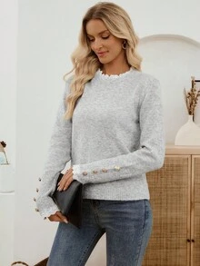 EMERY ROSE 全新秋冬焕新套头高领柔软蕾丝针织毛衣，百搭优雅，适合女士灰色毛衣女士毛衣蕾丝边毛衣浅灰色上衣立领毛衣 - 灰色 - 查看 3