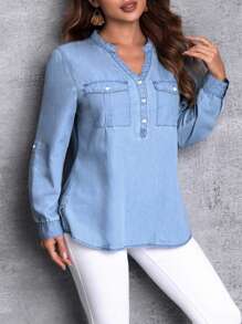 SHEIN Essnce Plus Size Solid Color Notched Neck Button Up Casual Long Sleeve Denim Jacket