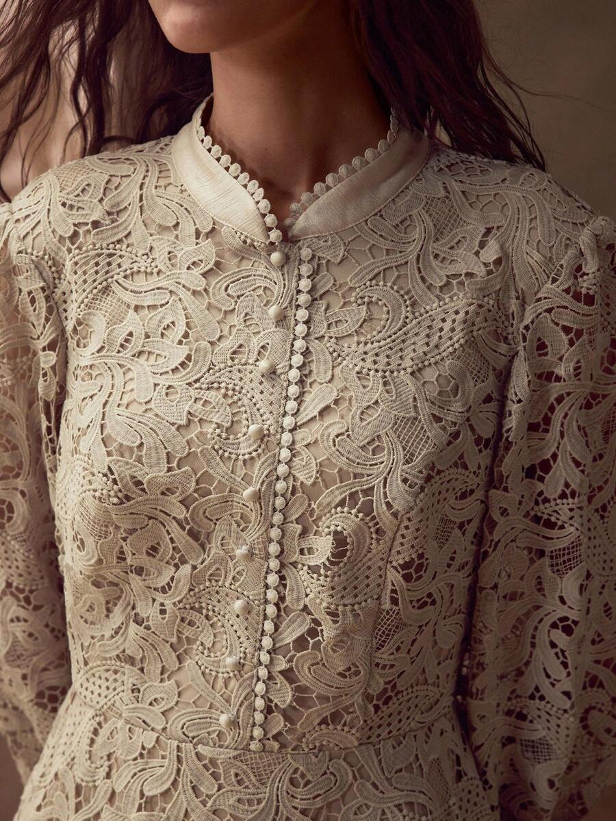 MOTF PREMIUM GUIPURE LACE HOLLOW-OUT LONG SLEEVE DRESS