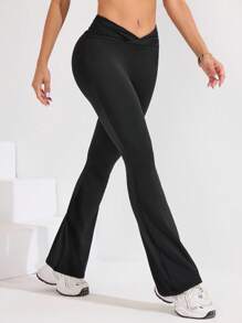 Easithlete Pantaloni sport pentru yoga, tip pliuri simple, cu talie înaltă, stil sport, stil yoga, pentru femei