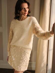 MOTF PREMIUM SUÉTER ROMÁNTICO CON BORDADO DE LENTEJUELAS Y PARCHES EN LAS MANGAS, ADECUADO PARA CITAS DE OTOÑO/INVIERNO - Beis - Ver 2