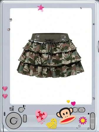 Paul Frank X ROMWE Damen Y2K Vintage Camouflage & Cartoon Muster Strass Dekor Elastischer Bund Mini Rock