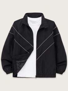 SHEIN Teenage Boys' Contrast Color Print Long Sleeve Jacket,In Fall/Winter - Black - View 4