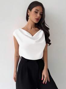 Firerie 夏季新款优雅不对称荷叶边领无袖缎面女式紧身衣，杏色，简约设计，适合约会、通勤、办公室穿着，别致 - 白色 - 查看 6