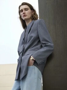 Uhlyne Uhlyne Blazer de manga larga con bolsillos, cuello de chal, mezcla de lana TR para otoño/invierno - Gris - Ver 4