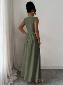 Elenzga 女士优雅简约高端纯色圆领复古腰部镂空短款交叉褶皱 A 字形无袖长裙，适合办公室、通勤、海滩、度假、音乐节、春夏季 - 軍綠色 - 查看 3