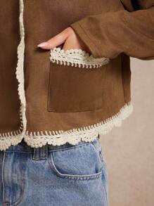 WESTFADE Faux Suede & Crochet Lace Collared Button Front Boxy Jacket Back To School Country Western Fall Vintage - Brown - View 5