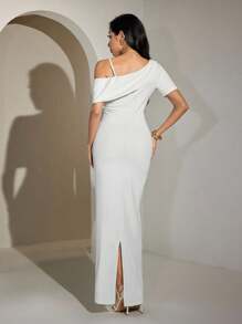 Modelyn Women's Elegant Solid Color Asymmetrical Collar Long Dress, Summer, All White Party Outfit - White - View 2