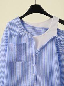 Franclia 女式休闲条纹插肩短袖纹理蓝白衬衫，春秋 - 藍白色 - 查看 3