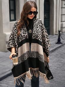 EMERY ROSE Plus Size Casual Color Block Leopard Print Tassel Hem Cardigan, Autumn/Winter Fall - Multicolor - View 5