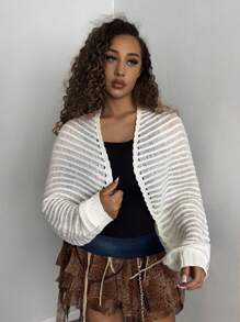 StreetHx Áo khoác cardigan mỏng dài tay móc đơn sắc thường ngày dành cho nữ, mùa thu/đông - Màu be - Xem 5