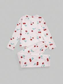 ROMWE Kawaii Cute Big Cherry Flannel Long Sleeve Top & Long Pants Women Pajama Set, Fluffy Cozy Winter Clothes - White - View 2