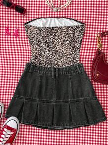 Attitoon Women's Casual Washed Pleated Denim Mini Skirt, Summer