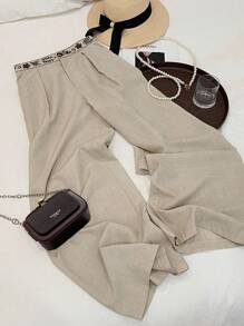 SHEIN Clasi 2025 夏秋新款复古高腰宽松休闲刺绣阔腿裤，优雅休闲风格适合工作、休闲、通勤、度假、商务、节日、独立日、返校、教师节、婚礼、派对、音乐节、万圣节、感恩节秋季 - 杏色 - 查看 7